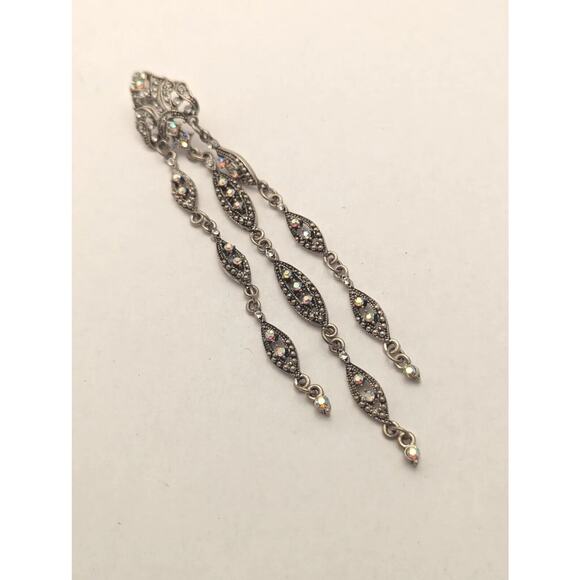 Long Duster Earings 5"Aurora Borealis Crystal Marquesite Post Earrings Vintage - Picture 4 of 9